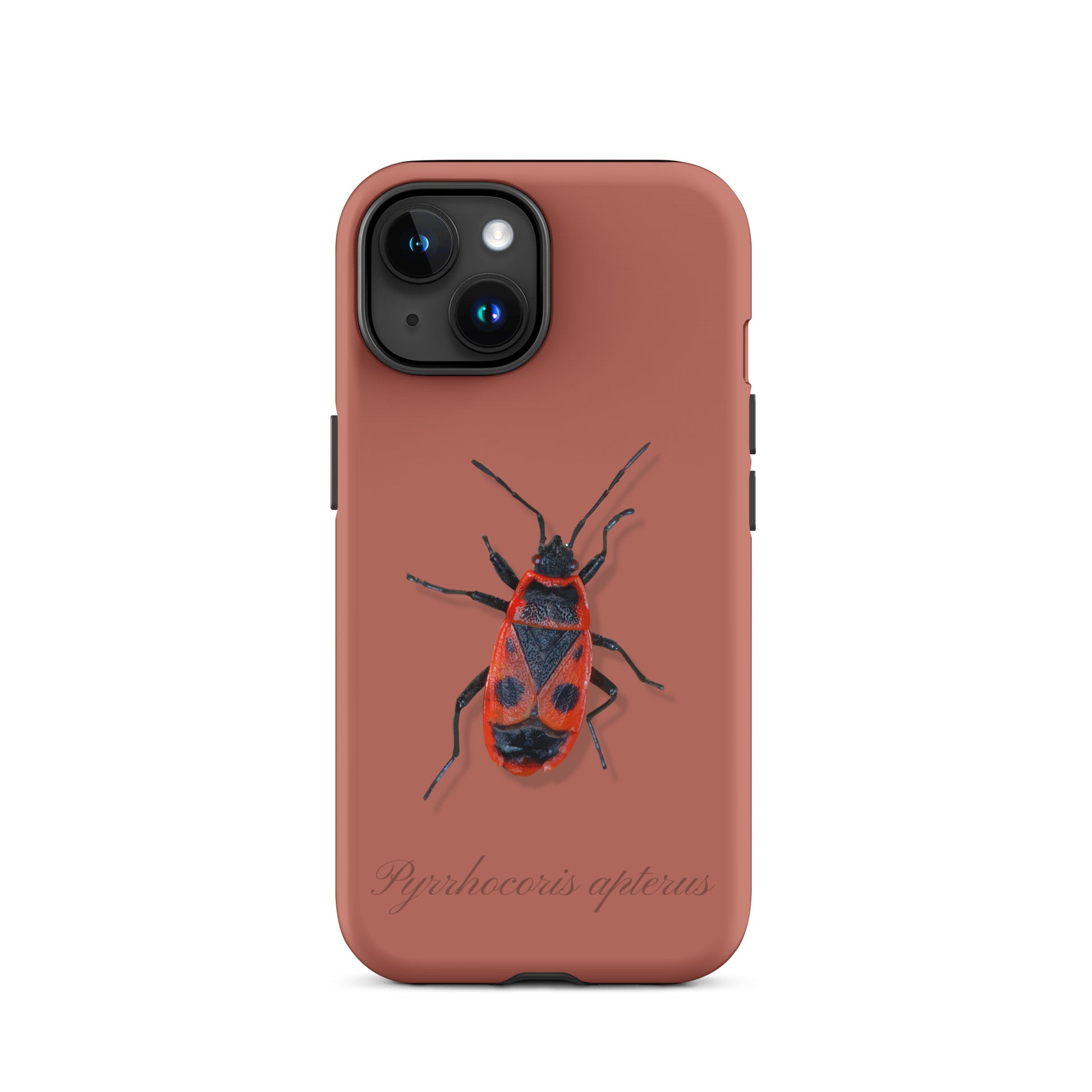 Ziegelrote iPhone-Hülle mit Feuerwanzen-Design, schützende Handyhülle aus robustem Material