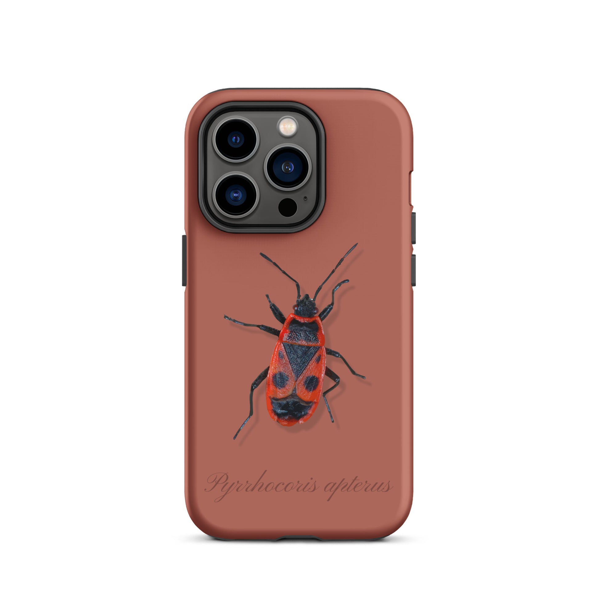 Ziegelrote iPhone-Hülle mit Feuerwanzen-Motiv, Schutzhülle aus robustem Material für Apple iPhone.