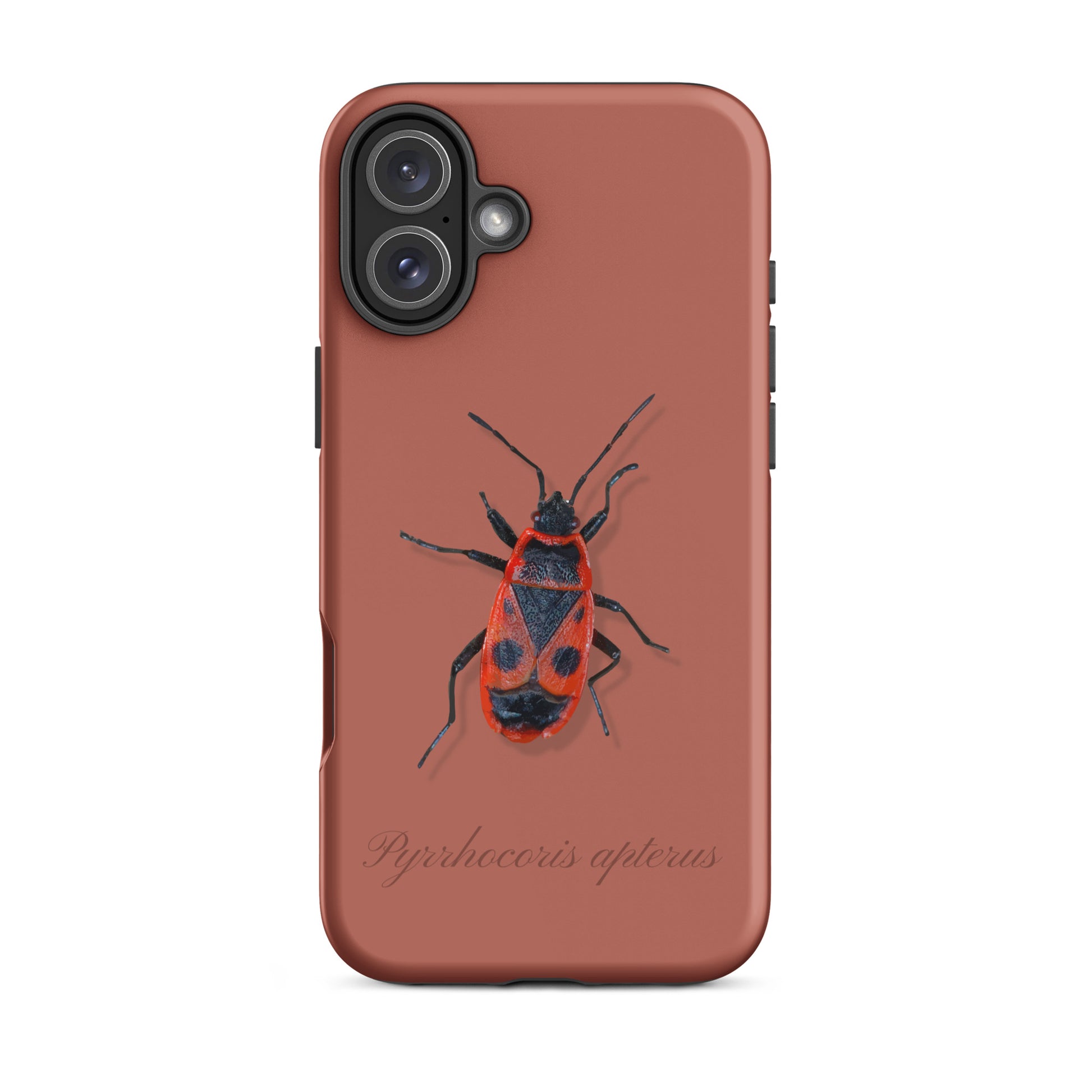 Ziegelrote iPhone-Hülle mit Feuerwanzen-Design, Schutzhülle aus robustem Material für Apple iPhone.