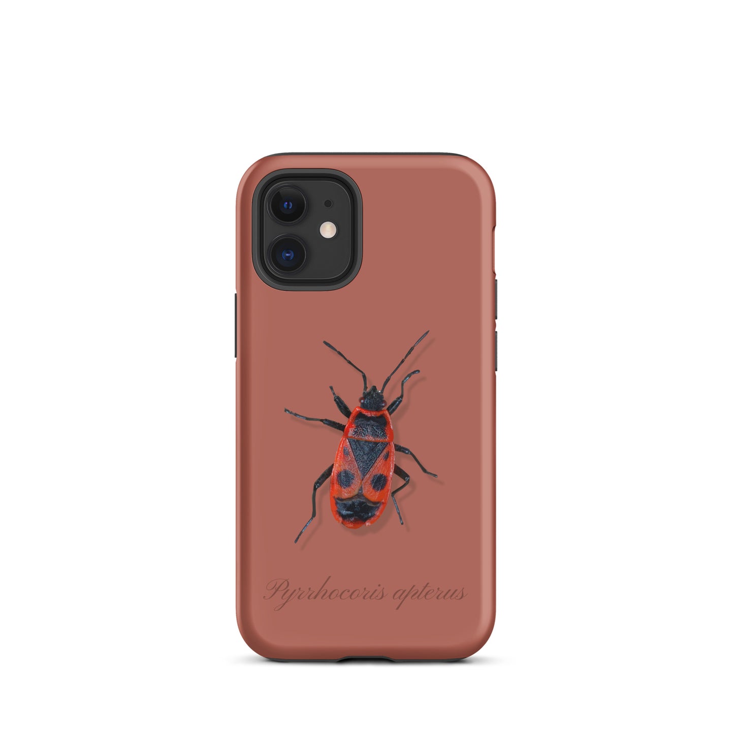 Ziegelrote iPhone Schutzhülle mit Feuerwanze Design, Vorderansicht.