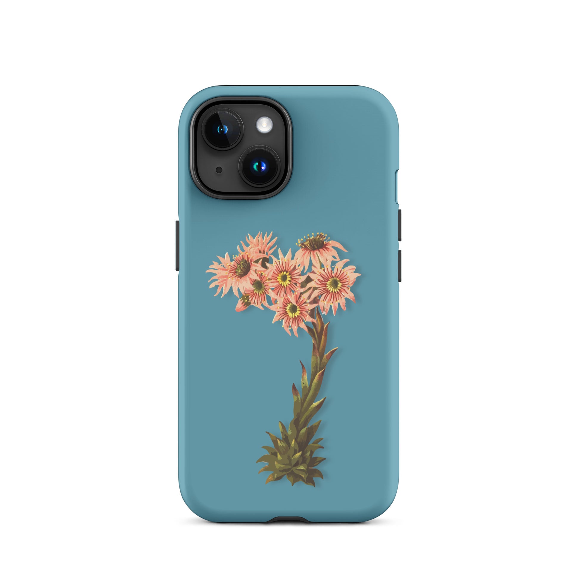 Handyhülle für iPhone in Gletscherwasserblau mit Hauswurz-Design aus robustem Kunststoff