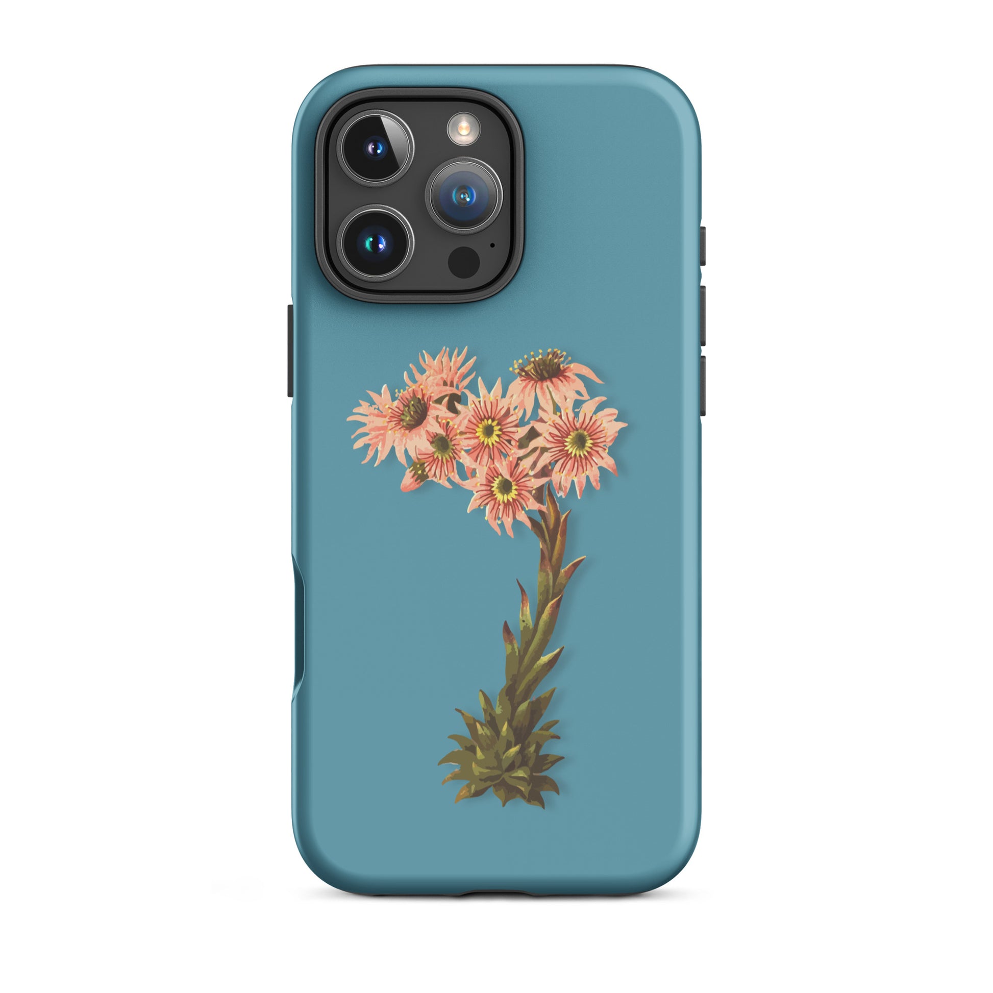 iPhone Hülle im Hauswurz Design, Gletscherwasserblau, Vorderansicht mit präzisem Ausschnitt für Kamera und Anschlüsse