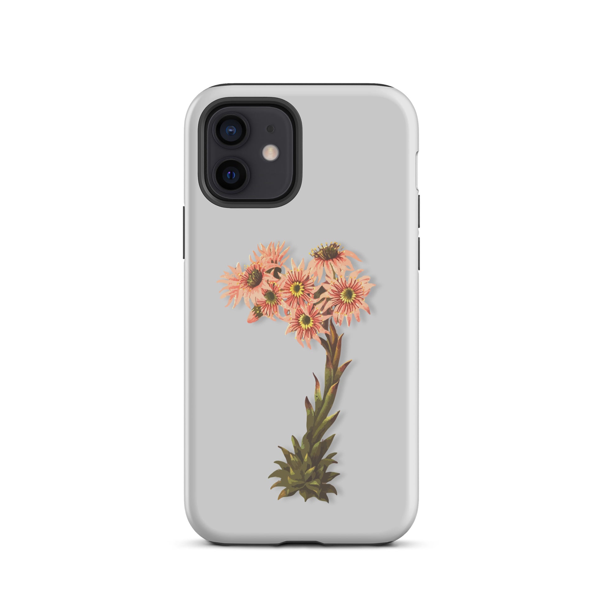 Graue iPhone-Hülle mit Hauswurz-Muster aus robustem Silikon für optimalen Schutz.