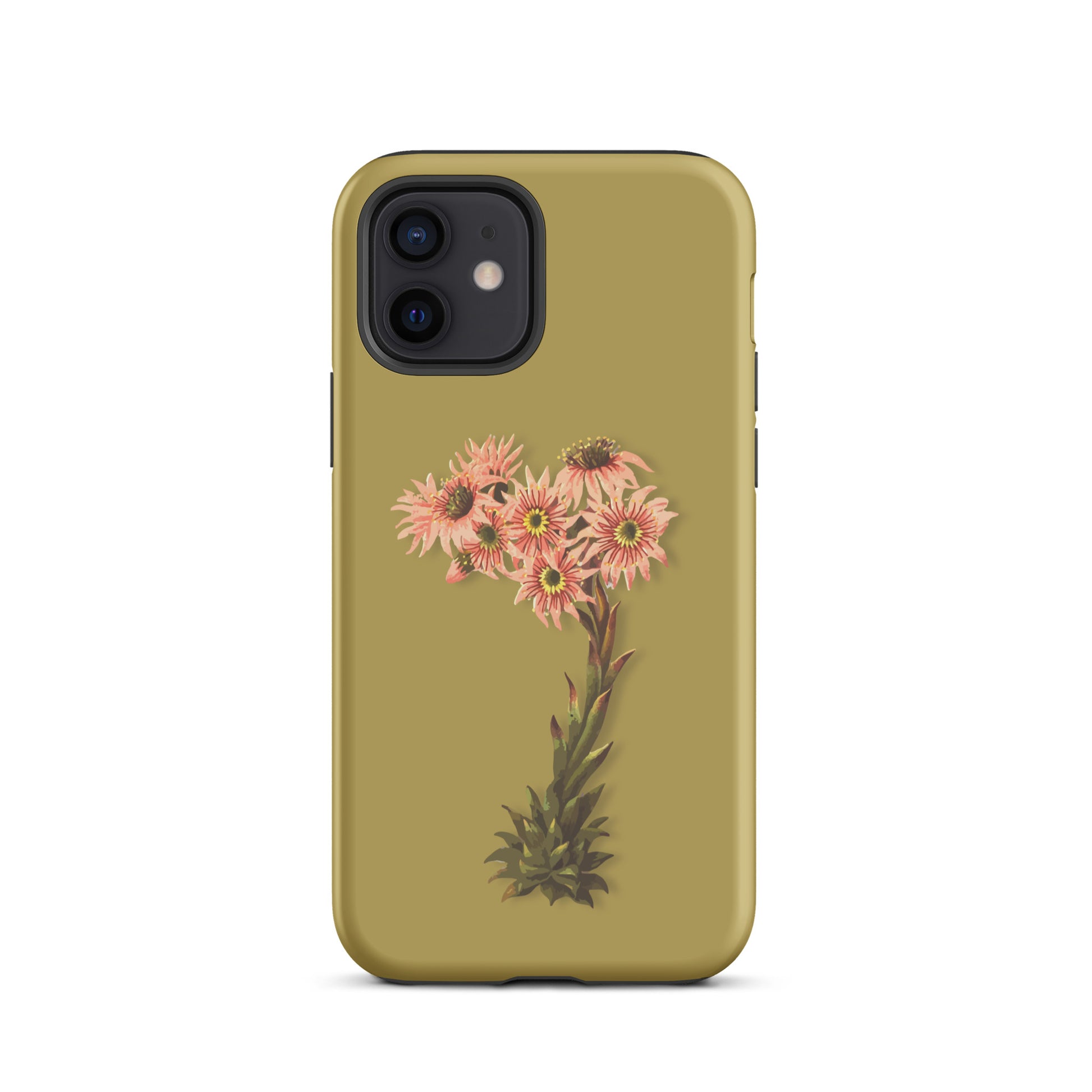 Ockergelbe iPhone-Hülle mit Hauswurz-Motiv aus nachhaltigem Material, passend für verschiedene iPhone-Modelle.