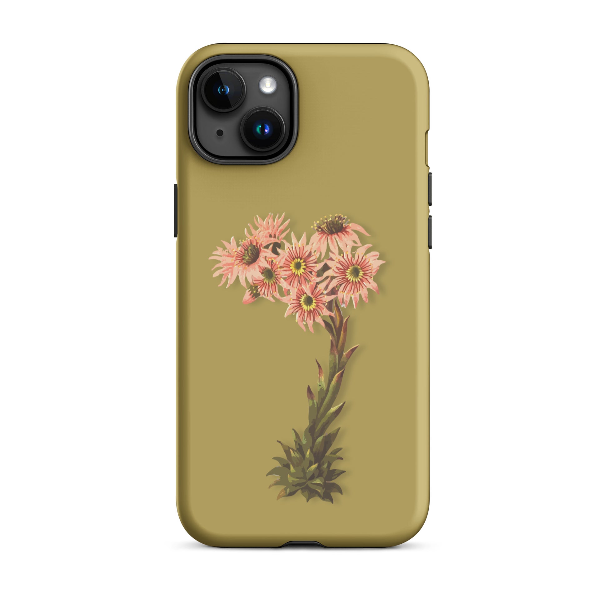 Ockergelbe iPhone-Hülle mit Hauswurz-Motiv, robustes Design, präzise Aussparungen.
