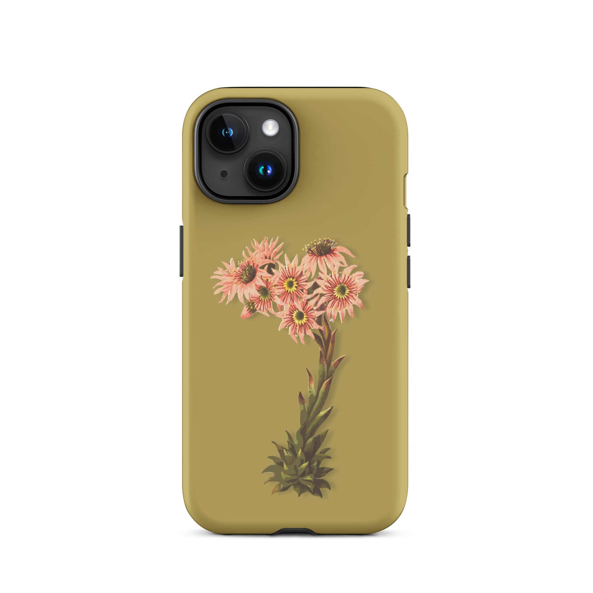 Ockergelbe iPhone-Hülle mit Hauswurz-Motiv, Schutzhülle aus robustem Material für Apple iPhone.