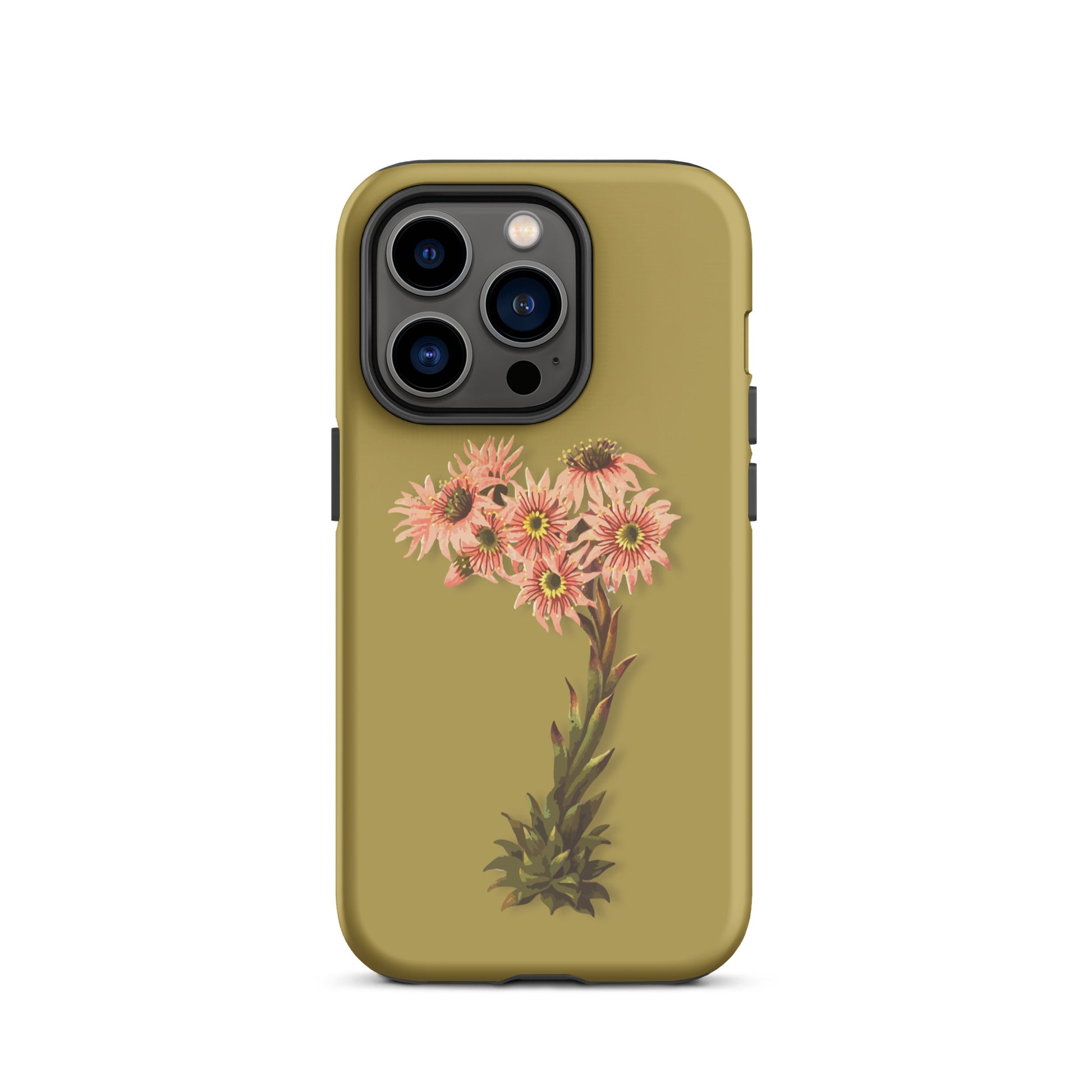 Ockergelbe iPhone-Hülle mit Hauswurz-Motiv aus robustem Kunststoff, Schutzhülle für Apple iPhone.