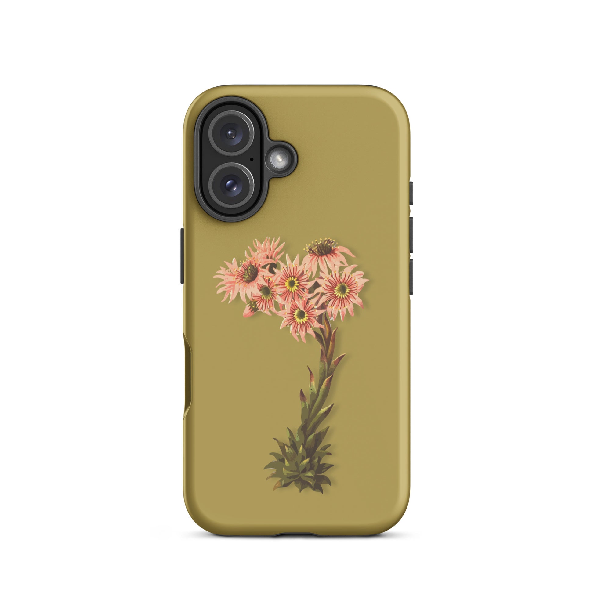 Handyhülle für iPhone mit Hauswurz-Muster in Ockergelb, robustes Design, präzise Aussparungen.