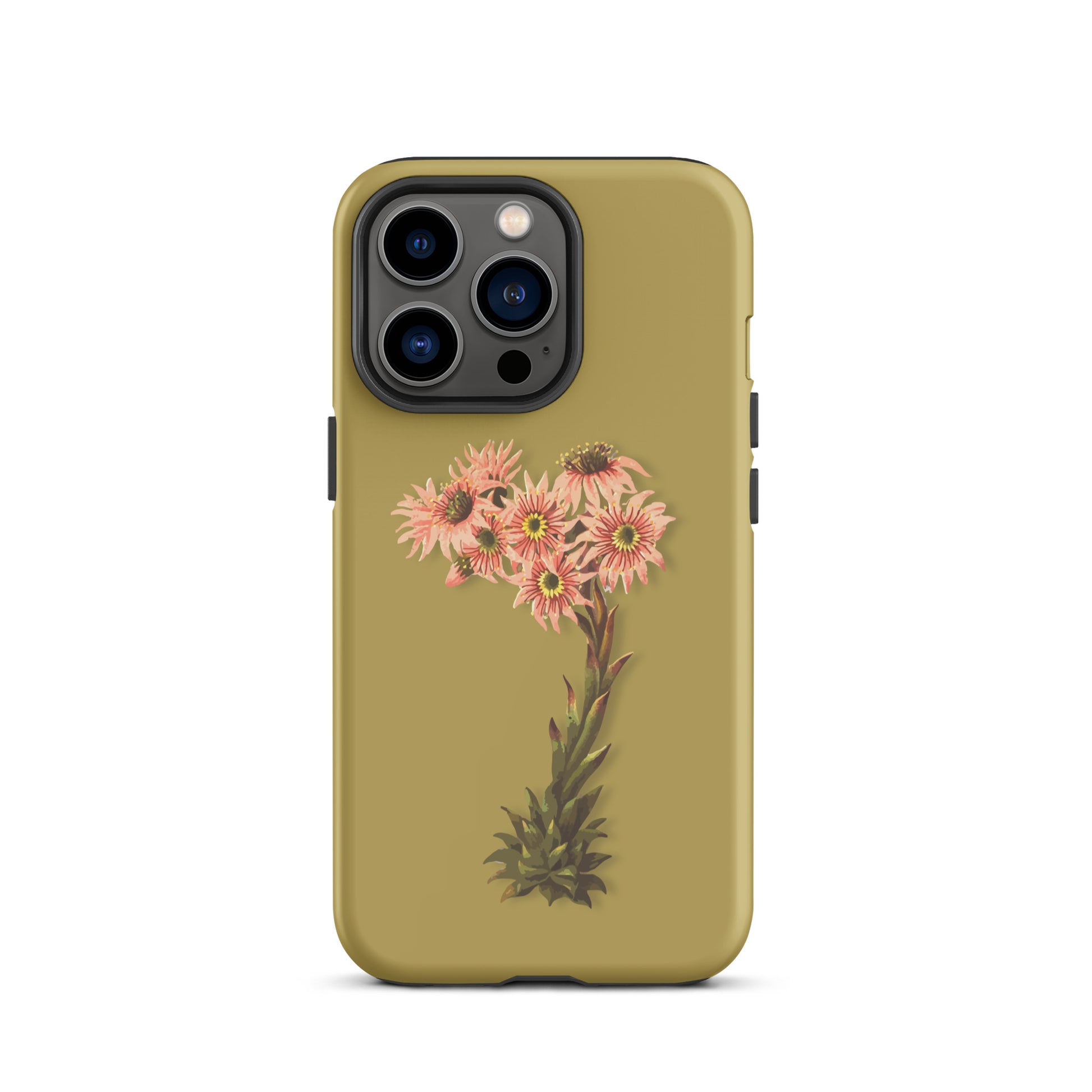 Ockergelbe iPhone-Hülle mit Hauswurz-Motiv aus robustem Kunststoff, passend für Apple iPhone.