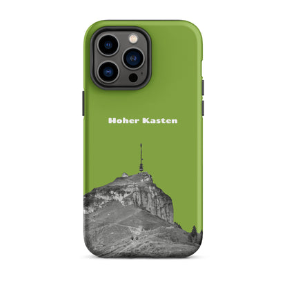Gelbgrüne iPhone-Hülle mit robustem Design und Hoher-Kasten-Motiv aus dem Alpstein.