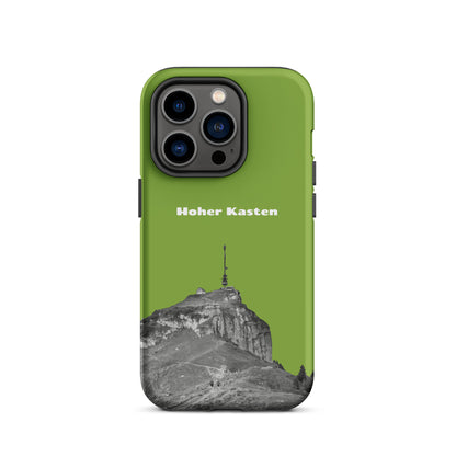 Gelbgrüne iPhone-Hülle mit Hoher-Kasten-Design, robust und attraktiv, Alpstein-Motiv.