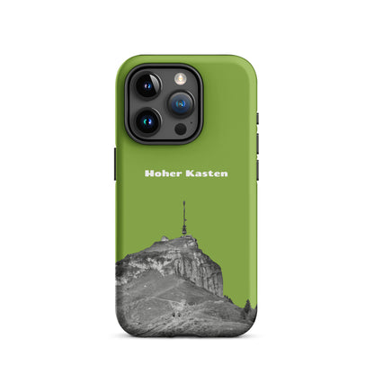 Gelbgrüne iPhone-Hülle mit Motiv des Hohen Kastens im Alpstein, robustes Design für optimalen Schutz.