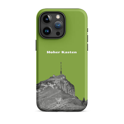 Gelbgrüne iPhone-Hülle mit robustem Design und Hoher-Kasten-Motiv aus dem Alpstein.
