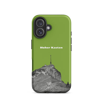 Gelbgrüne iPhone-Hülle mit Hoher-Kasten-Design, robuste Schutzhülle aus Silikon, Alpstein-Motiv.
