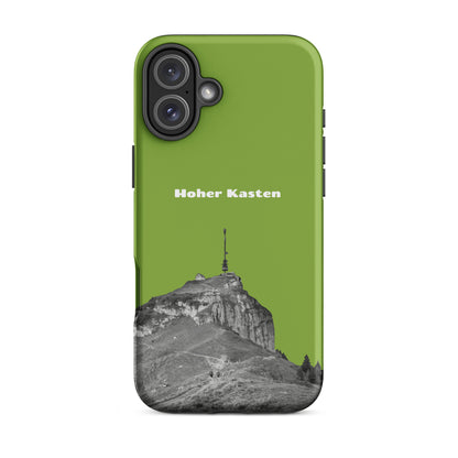 Gelbgrüne iPhone Hülle mit Hoher-Kasten-Motiv, robuste Schutzhülle aus strapazierfähigem Material.