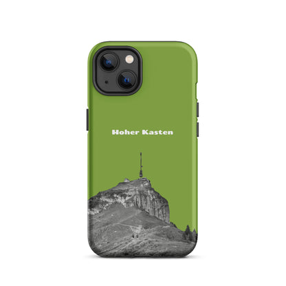 Gelbgrüne iPhone-Hülle mit Hoher-Kasten-Design, robust und attraktiv, aus recyceltem Kunststoff.