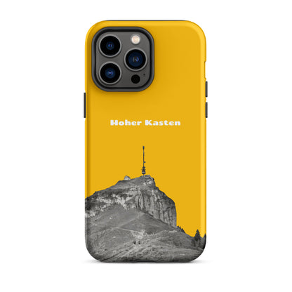 Goldgelbe iPhone-Hülle 'Hoher Kasten' mit robustem Design und Alpstein-Gipfel-Motiv