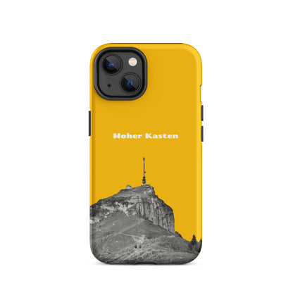 Goldgelbe iPhone-Hülle 'Hoher Kasten' mit robustem Design und Alpstein-Motiv, Schutzhülle aus hochwertigem Material.