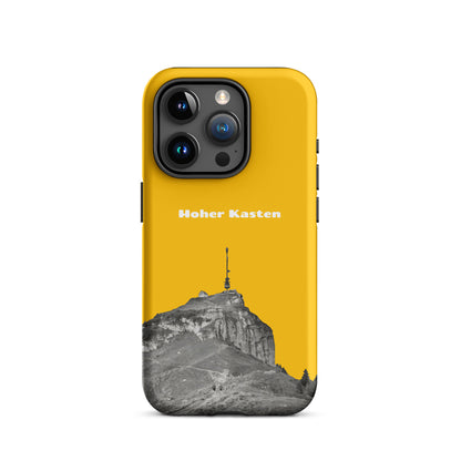 Goldgelbe iPhone-Hülle mit Hoher-Kasten-Design, robuste Schutzhülle aus hochwertigem Material.