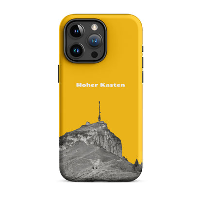 Goldgelbe iPhone-Hülle mit Hoher-Kasten-Design, robuste Schutzhülle aus hochwertigem Material.