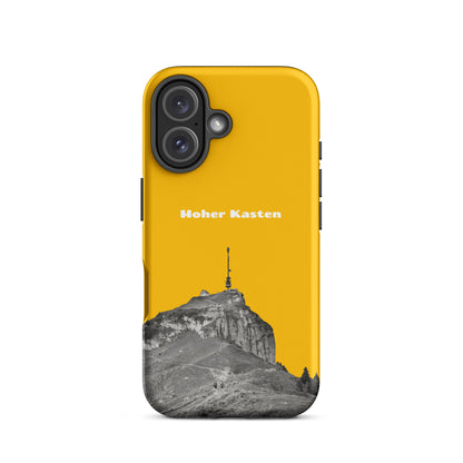 Goldgelbe iPhone Hülle mit robustem Design und Hoher Kasten Motiv im Alpstein, Seitenansicht.