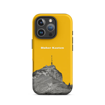 Goldgelbe iPhone-Hülle mit robustem Design und Hoher-Kasten-Motiv aus dem Alpstein, Seitenansicht.
