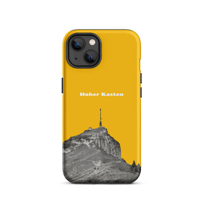 Goldgelbe iPhone-Hülle mit robustem Design und Hoher-Kasten-Motiv, Schutzhülle aus hochwertigem Material.
