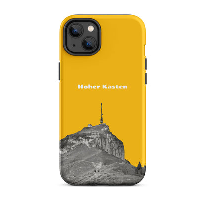Goldgelbe iPhone-Hülle mit robustem Design und Hoher-Kasten-Motiv aus dem Alpstein, Seitenansicht.