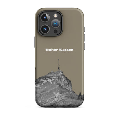 Robuste iPhone-Hülle in Graubraun mit Hoher-Kasten-Design aus dem Alpstein, Schutzhülle mit attraktivem Motiv.