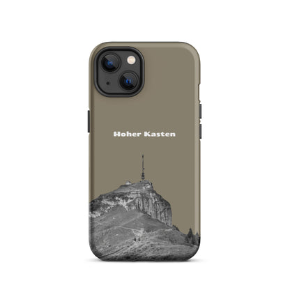 Robuste iPhone-Hülle in Graubraun mit Hoher-Kasten-Design, Alpstein-Motiv, stoßfest.