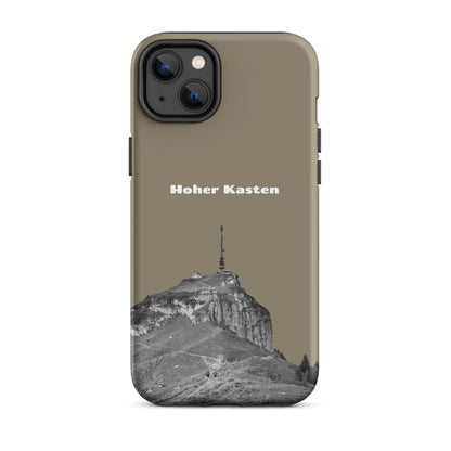 Robuste iPhone-Hülle in Graubraun mit Alpstein-Motiv, Hoher Kasten Design, schützend.
