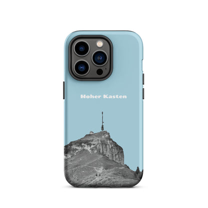 Robuste iPhone-Hülle in Hellblau mit Alpstein-Motiv des Hohen Kastens, stoßfest und stylisch.