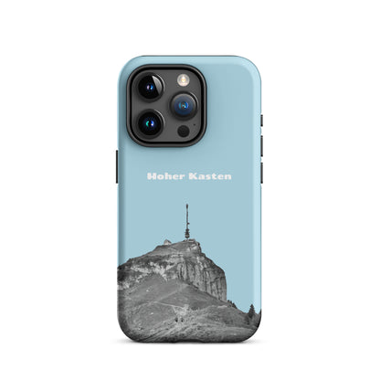 Hellblaue iPhone-Hülle mit robustem Design und Motiv des Gipfels Hohen Kasten im Alpstein.