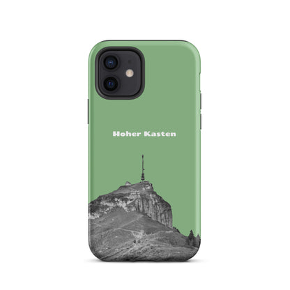Robuste iPhone-Hülle in Hellgrün mit Alpstein-Motiv, Hoher Kasten Design, schützende Silikonhülle.