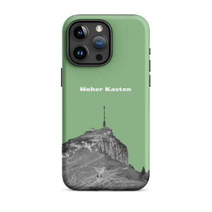 Robuste iPhone-Hülle in Hellgrün mit Alpenmotiv des Hohen Kastens, Schutzhülle aus strapazierfähigem Material.