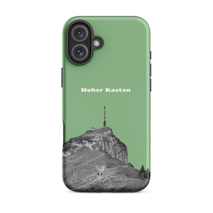 Robuste iPhone Schutzhülle in Hellgrün mit Hoher Kasten Design, Alpstein-Motiv, stoßfest.