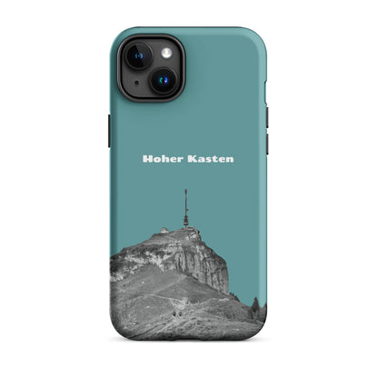 Robuste iPhone-Hülle in Kadettenblau mit Hoher-Kasten-Design aus dem Alpstein, Seitenansicht.