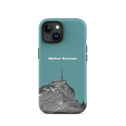 Robuste iPhone-Hülle in Kadettenblau mit Hoher-Kasten-Design aus dem Alpstein, Schutzhülle mit attraktivem Bergmotiv.