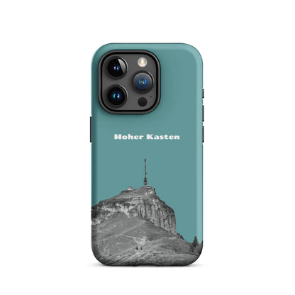Robuste iPhone-Hülle in Kadettenblau mit Alpstein-Motiv des Hohen Kastens, Schutzhülle aus strapazierfähigem Material.