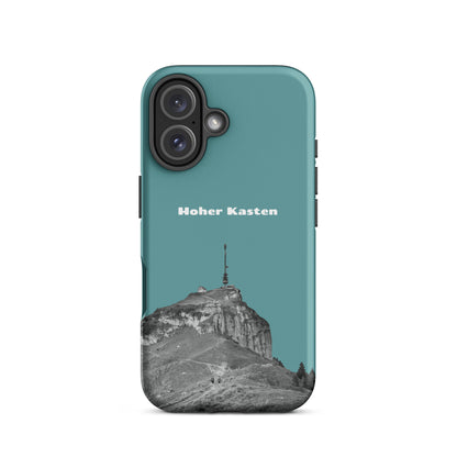 Robuste iPhone Hülle in Kadettenblau mit Alpstein-Hohen-Kasten-Design, seitliche Schutzlippe.