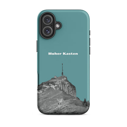 Kadettenblaue iPhone-Hülle mit Hoher-Kasten-Motiv aus robustem Material, Schutzhülle mit Alpenmotiv.