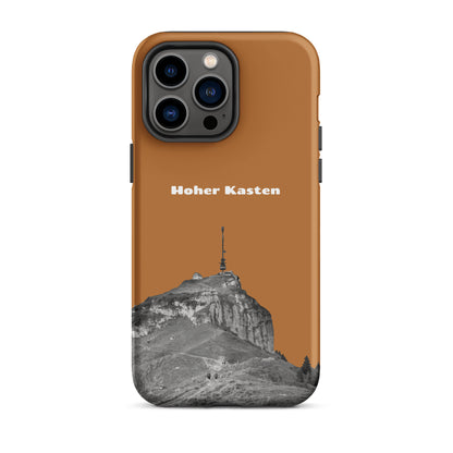 Kupferfarbene iPhone-Hülle 'Hoher Kasten' mit robustem Design und Alpstein-Motiv.