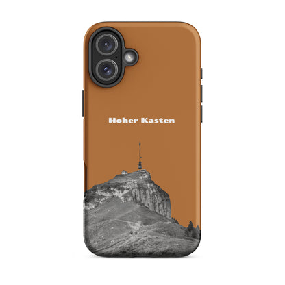 Robuste iPhone-Hülle in Kupferoptik mit Alpstein-Hohen-Kasten-Design, stoßfest und stylisch.