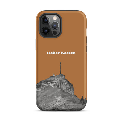 Robuste iPhone-Hülle in Kupferoptik mit Alpstein-Hohen-Kasten-Design, stoßfest und elegant.