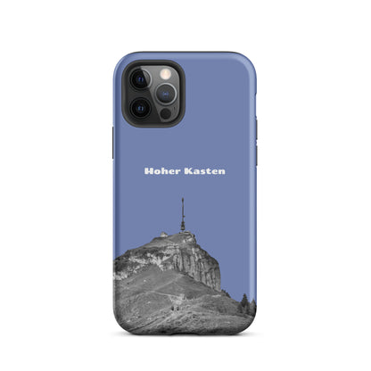 Robuste iPhone Hülle in Pastellblau mit Hoher-Kasten-Design aus dem Alpstein, Seitenansicht.