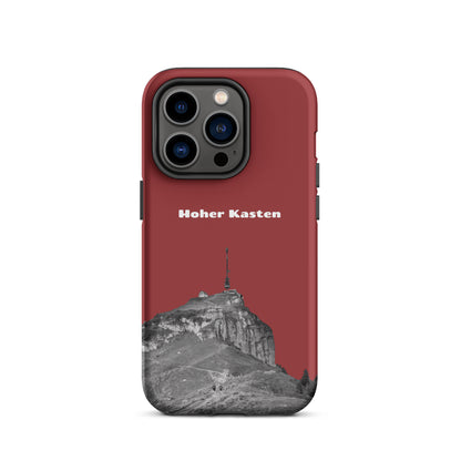 Rote iPhone-Hülle mit robustem Design und Hohen-Kasten-Motiv aus dem Alpstein, Seitenansicht.