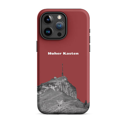 Robuste iPhone-Hülle in Rot mit Alpstein-Motiv, Hoher Kasten Design, stoßfest.