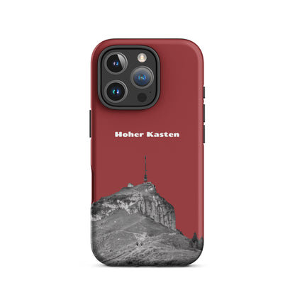 Robuste iPhone-Hülle in Rot mit Alpstein-Motiv, Hoher Kasten Design, stoßfest.