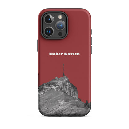 Robuste iPhone-Hülle in Rot mit Alpstein-Motiv des Hohen Kastens, Schutzhülle mit attraktivem Design.