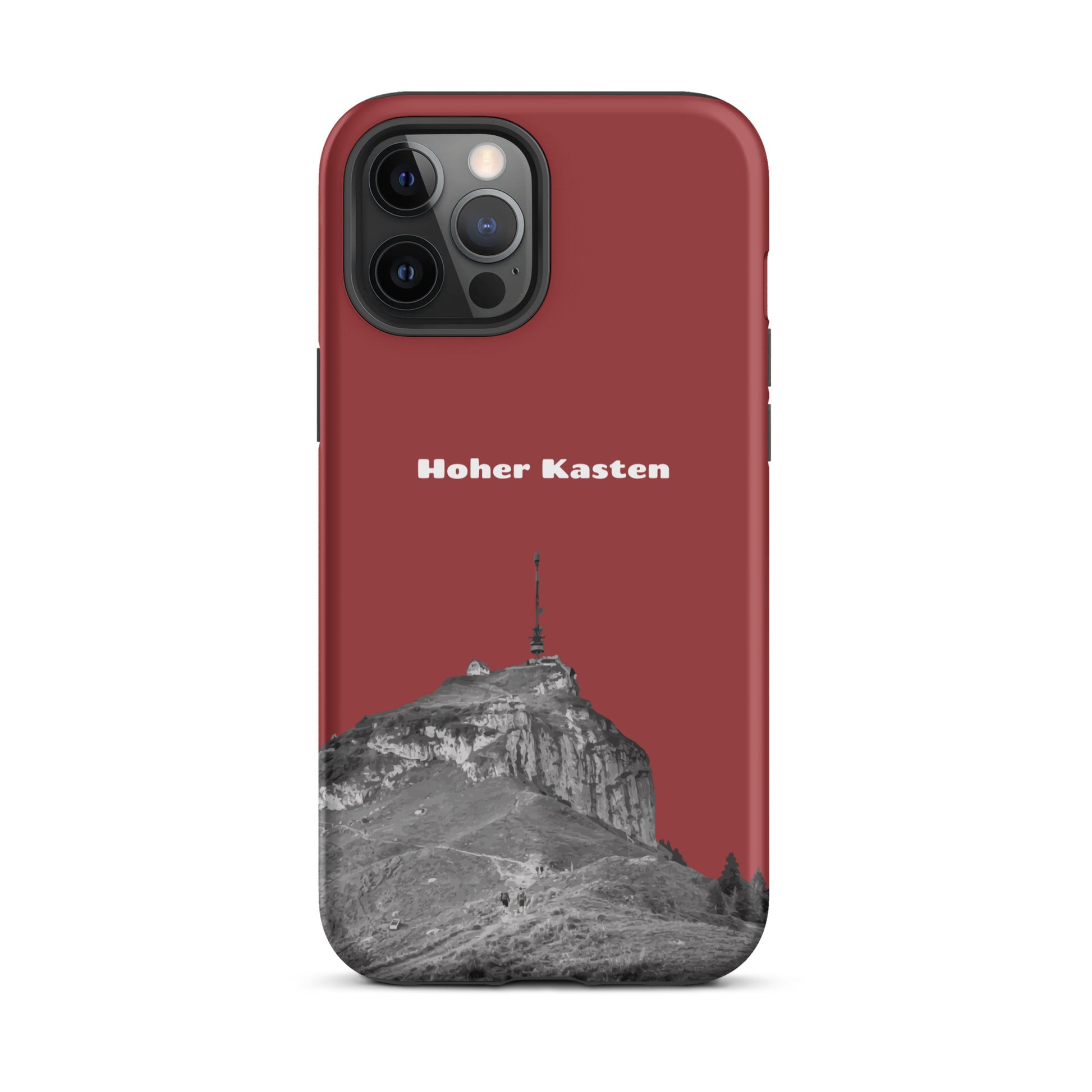 Rote iPhone-Hülle 'Hoher Kasten' mit robustem Design und Alpstein-Motiv, Seitenansicht.